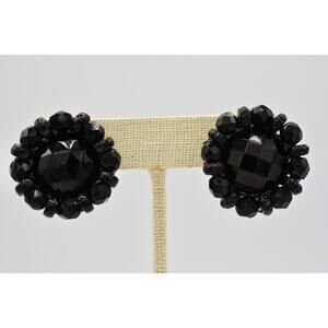 Hobe Vintage Clip On Earrings Black Cluster Beaded Crystal Silver Signed BinH